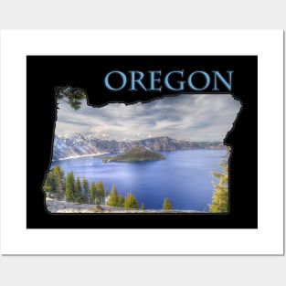 Oregon State Outline (Crater Lake & Wizard Island) Posters and Art